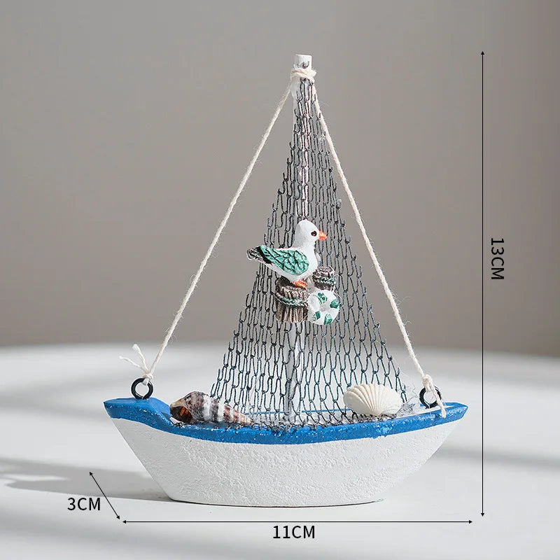 1pc Mini Mediterranean Style Marine Nautical Wooden Blue Sailing Boat Ship Wood Crafts Ornaments Party Room Home Decoration