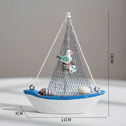 1pc Mini Mediterranean Style Marine Nautical Wooden Blue Sailing Boat Ship Wood Crafts Ornaments Party Room Home Decoration