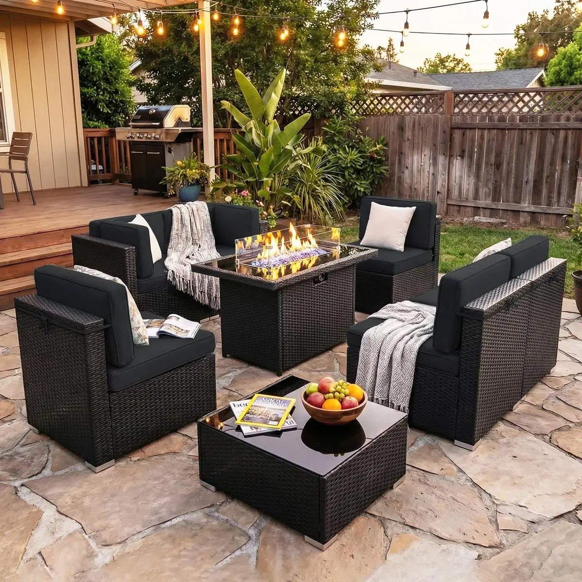 8 Pieces Patio Furniture Set with 44" Propane Gas Fire Pit Table, Outdoor Sectional Wicker Conversation Sofa Sets, Customized