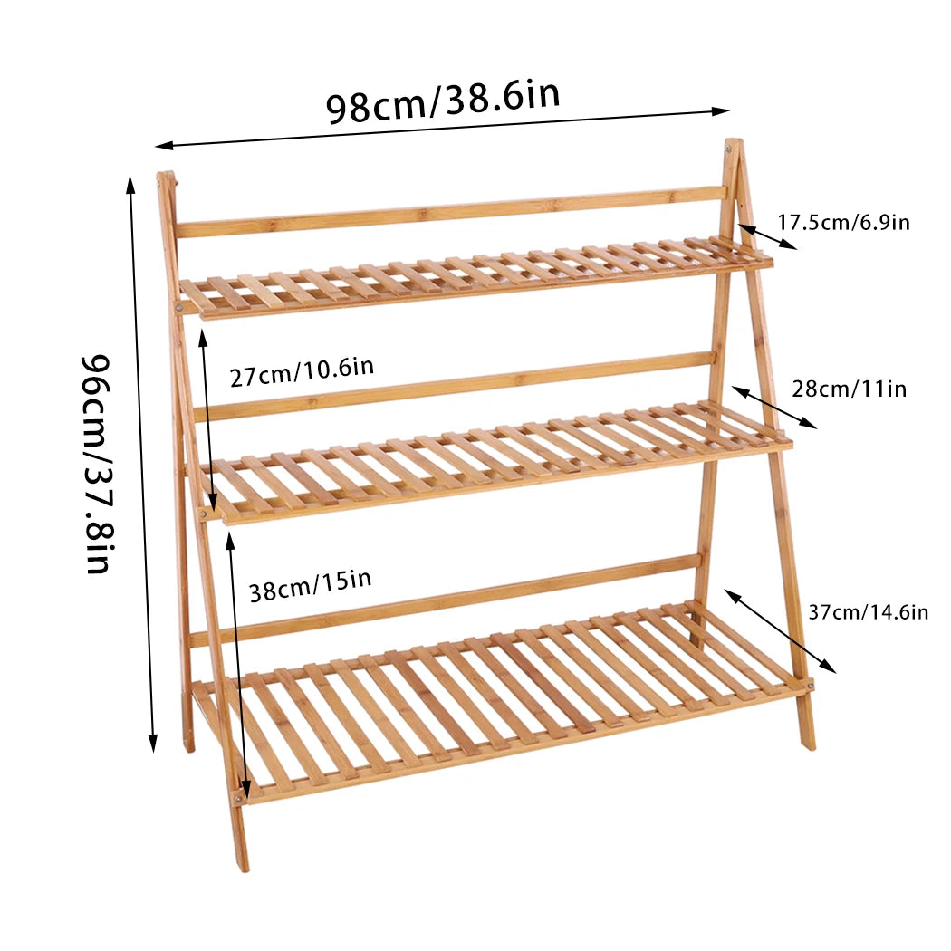 70/100cm Bamboo Plant Stand Folding 3 Tier Flower Pot Display Shelf Indoor Outdoor Ladder Garden Rack for Patio Balcony Living Room