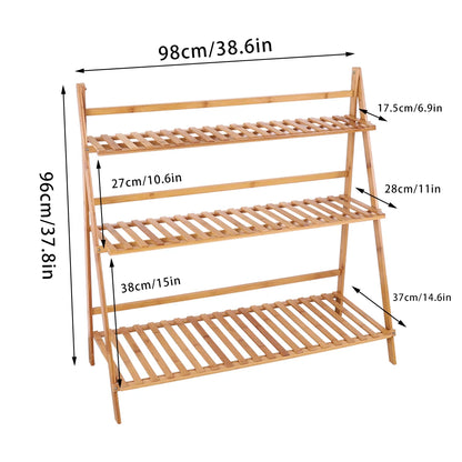 70/100cm Bamboo Plant Stand Folding 3 Tier Flower Pot Display Shelf Indoor Outdoor Ladder Garden Rack for Patio Balcony Living Room