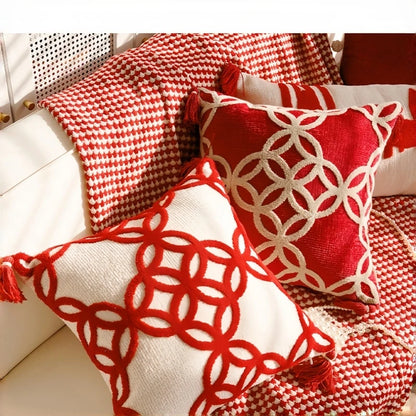 New House Red Pillows for Sofa Decoration Nordic Style Decorative Pillow Case Cover Tassels Throw Pillows with Geometric Lines