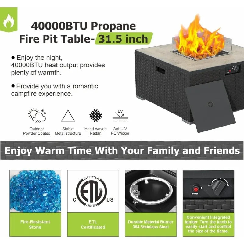 Dual-Purpose 31.5 Inch Square Outdoor Propane Fire Pit Table with 20lb Tank, Suitable for Patio, Deck, and Garden Settings