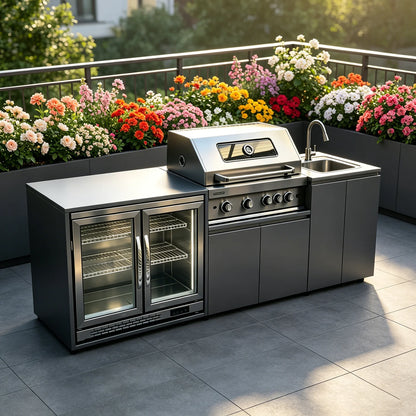 Sturdy 304 Stainless Steel Outdoor Kitchen Cabinet With Grill Cooktop Sink Fridge Rolling Movable On Wheels For Backyard Patio G