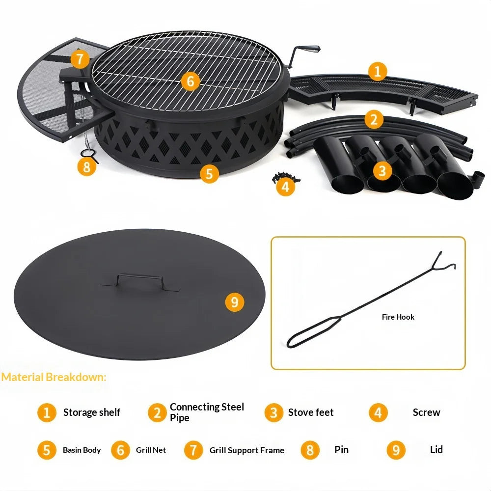 3-in-1 Outdoor Fire Pit BBQ Grill Round Charcoal Table Fireplace with Cooking Grate Heavy Duty Metal for Patio Backyard Party