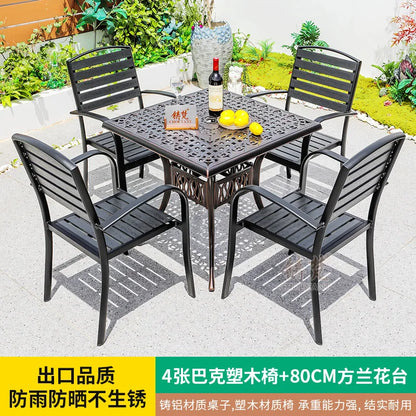 Plastic Timber Weatherproof Outdoor Furnishing Suite, Full Meal Assembly for Hotel Courtyard Open-air Leisure Dining