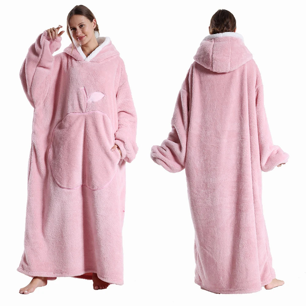 Winter Hooded Sweater Blanket Women Oversized Fleece Blanket With Sleeves Large Pocket Warm Thick TV Hoodie Robe Couple