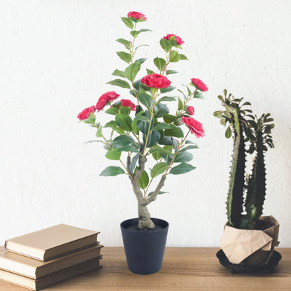 85cm Camellia Topiary Tree with Pot/Spike Realistic Fake Flower Plant Indoor Outdoor Faux Bonsai for Home Garden Office Decor