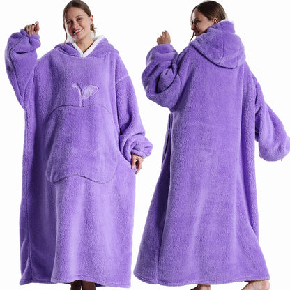 Winter Hooded Sweater Blanket Women Oversized Fleece Blanket With Sleeves Large Pocket Warm Thick TV Hoodie Robe Couple