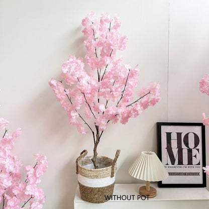 Artificial Pink Cherry Blossom Tree Trunk Faux Silk Leaves Plant for Home Office Indoor Outdoor Decor