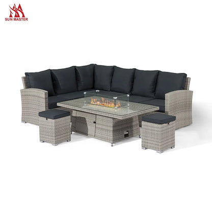 Modern Patio Furniture Outdoor Garden Sofa with Firepit Table Courtyard Hotel Corner Rattan Wicker Terrace Sofas