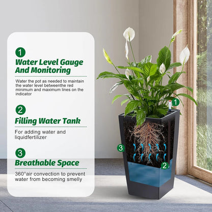 Rectangular Planters Set of 2, Large Plant Pots with Drainage Holes＆Water Level Monitor for Outdoor Indoor Patio Porch Rooms
