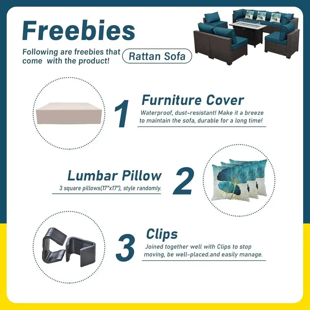 9-Piece Outdoor Wicker Patio Furniture Set with Sectional Sofa, Peacock Blue Cushions, and 45 Gas Fire Pit Table