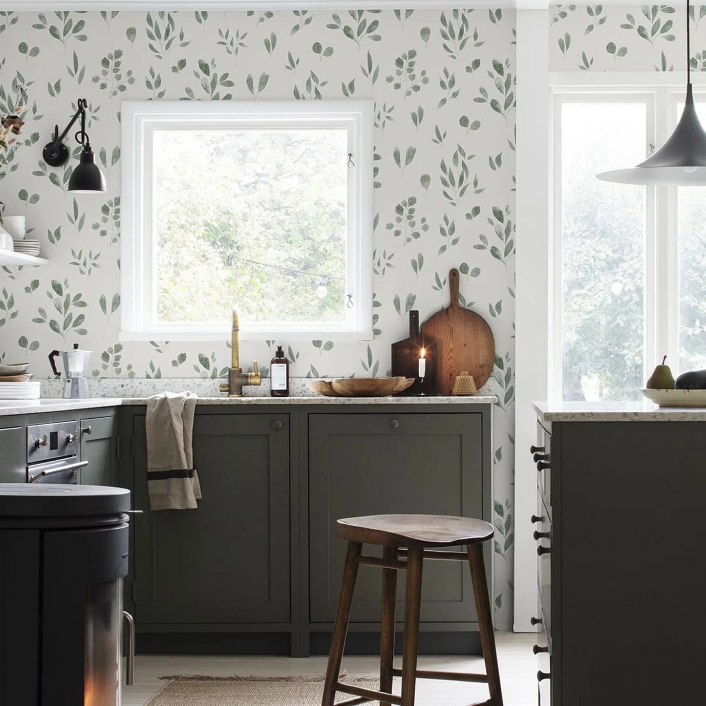 Hand Drawn watercolor Leaves wallpaper, Belle Jade in Green Colors, Scandinavian Wallpaper, Fresh Wallpaper