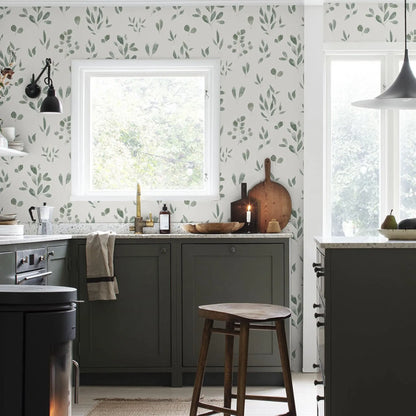 Hand Drawn watercolor Leaves wallpaper, Belle Jade in Green Colors, Scandinavian Wallpaper, Fresh Wallpaper