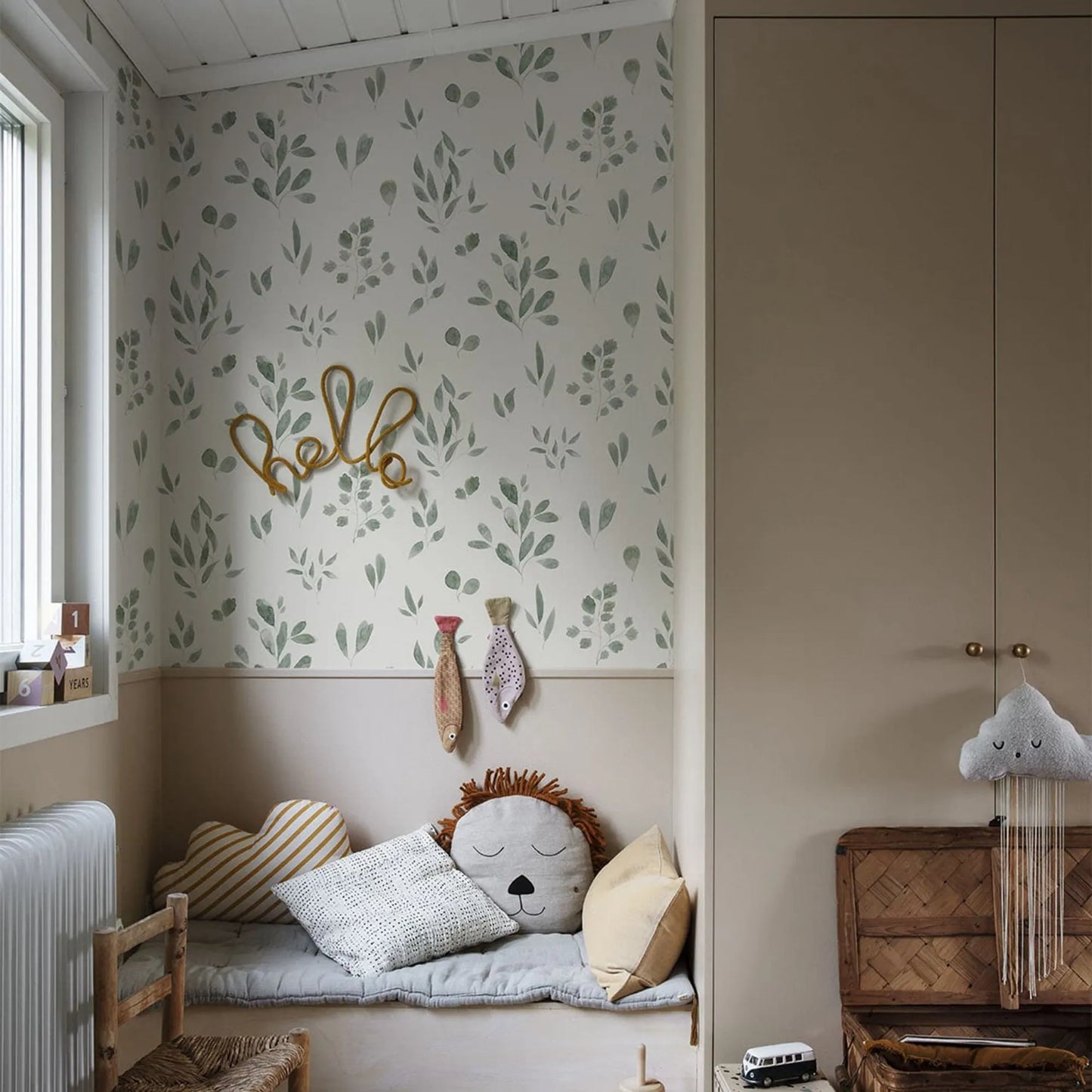 Hand Drawn watercolor Leaves wallpaper, Belle Jade in Green Colors, Scandinavian Wallpaper, Fresh Wallpaper