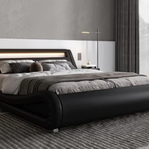 King Size LED Platform Bed Frame Adjustable Headboard Upholstered Faux Leather No Box Spring Bedroom 78x80x48 Inch, Custom
