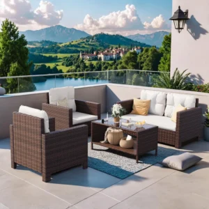 4-Piece Rattan Sofa Set, Beige Wicker Conversation Chairs for Outdoor/Indoor Patio, Backyard, Balcony, Poolside